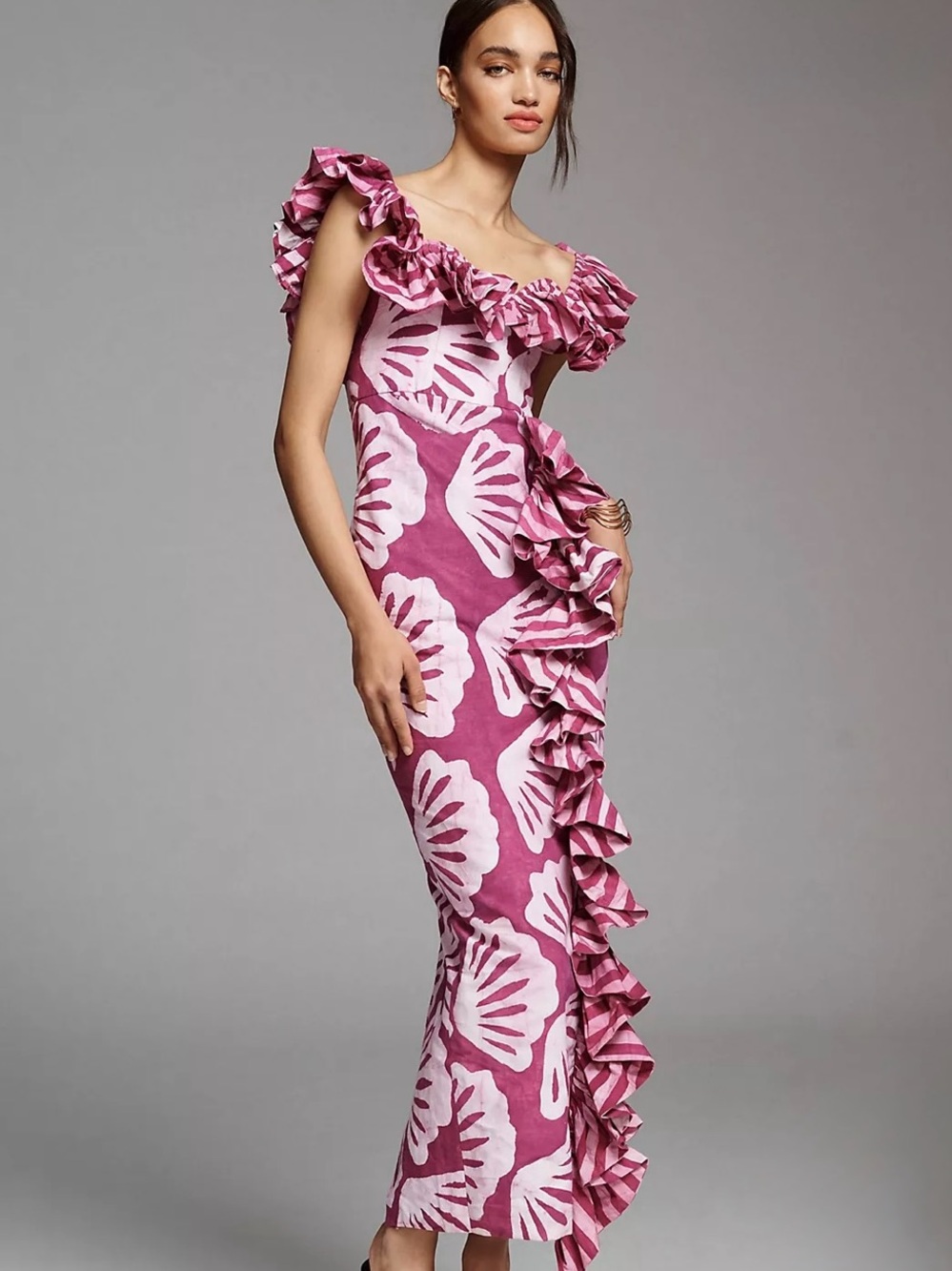 Sika Pink and White Ruffle-Detail Maxi Dress